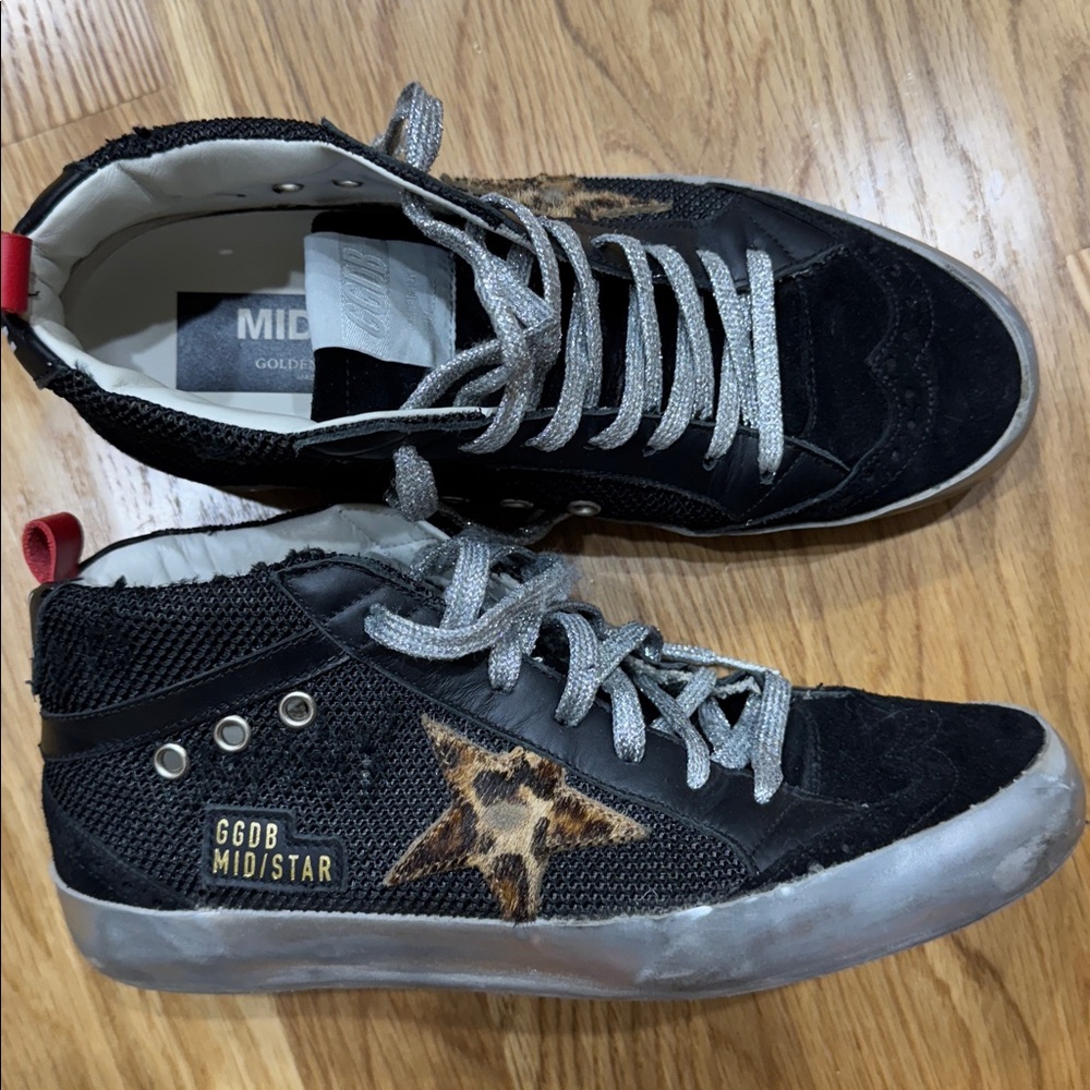 Golden Goose Black and Leopard Mid Star Sneakers